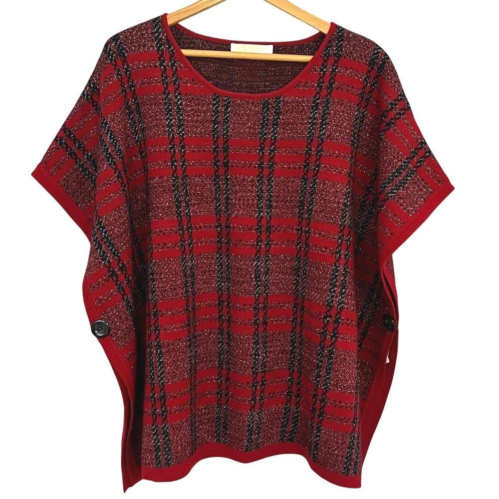 CHRISTINA Women Red Plaid Silver Sparkle Knit Cape Sweater M Cozy‎ Cabin Cottage